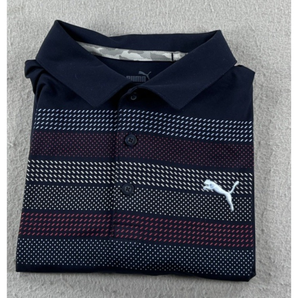 Puma Mens Size Medium S/S Golf Polo Shirt Navy Red Performance